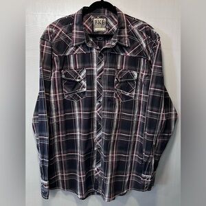 BKE Men’s Pearl Snap Black Red Plaid Western Style Athletic Fit Shirt Sz XXL